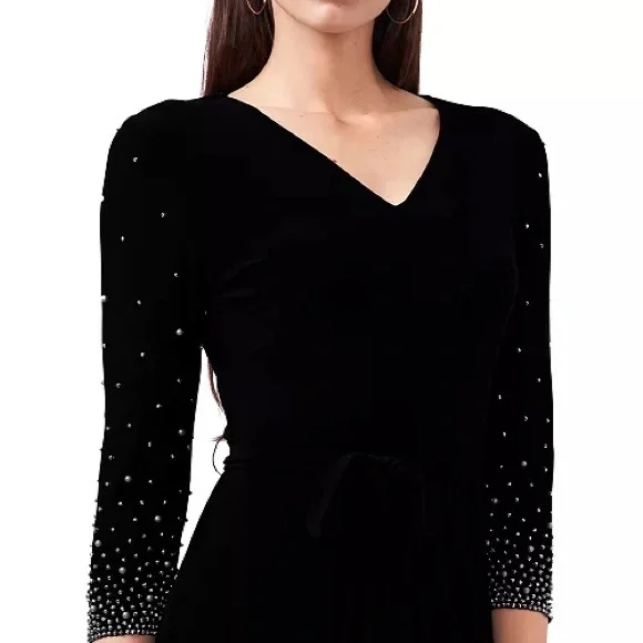 MSK Black Midi Dress with Pearl Embellished Sleeves β Size L (Worn Once) - Picture 2 of 9